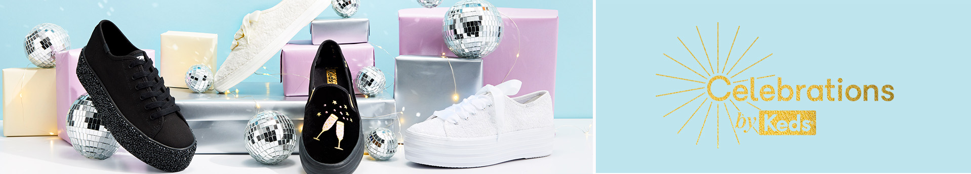 Celebrations by Keds logo. A selection of celebrations by Keds shoes with holiday gifts and ornaments.