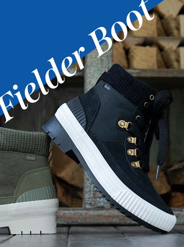 A black Fielder boot stacked on an olive one.
